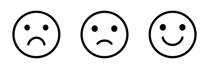 Rating emoji icon set. Face smile icon positive, negative neutral opinion vector signs symbol. Set of feedback rating emoji good, average and excellent vector illustration. Flat design.