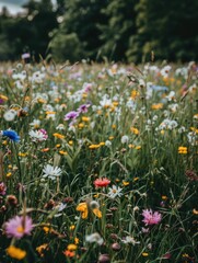 Obraz premium A field full of colorful wildflowers with trees in the background, great for spring or nature-themed projects