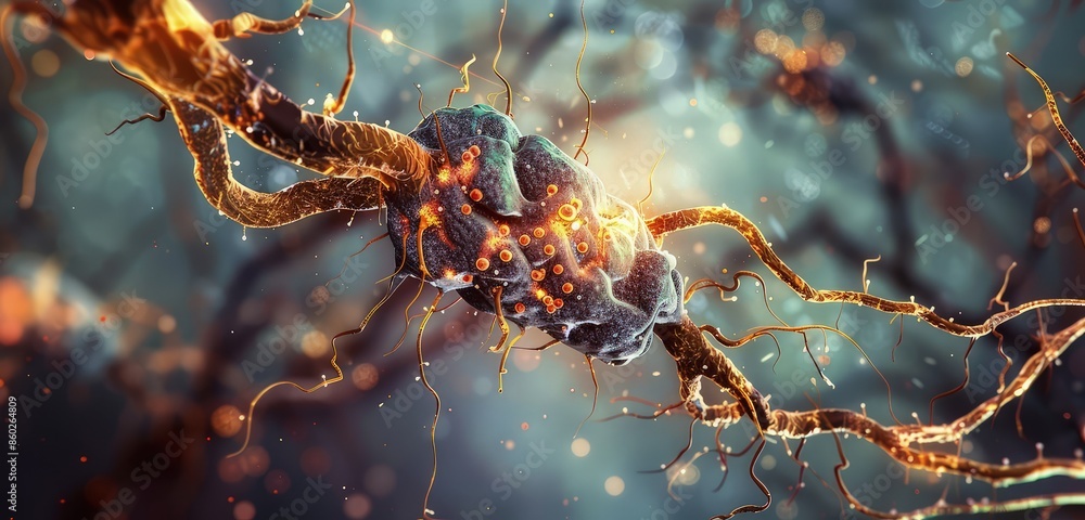 Poster a high-definition 3d rendered image of a neuron, showcasing the detailed synapses and neural pathway