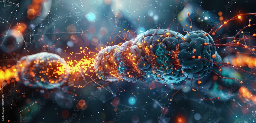 Poster a high-definition 3d rendered image of a neuron, showcasing the detailed synapses and neural pathway