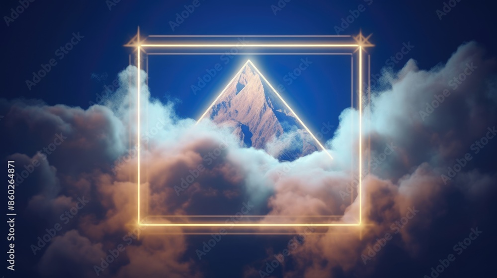 Poster abstract picture of geometric shape portal or frame with colorful light set against in dark blue ton