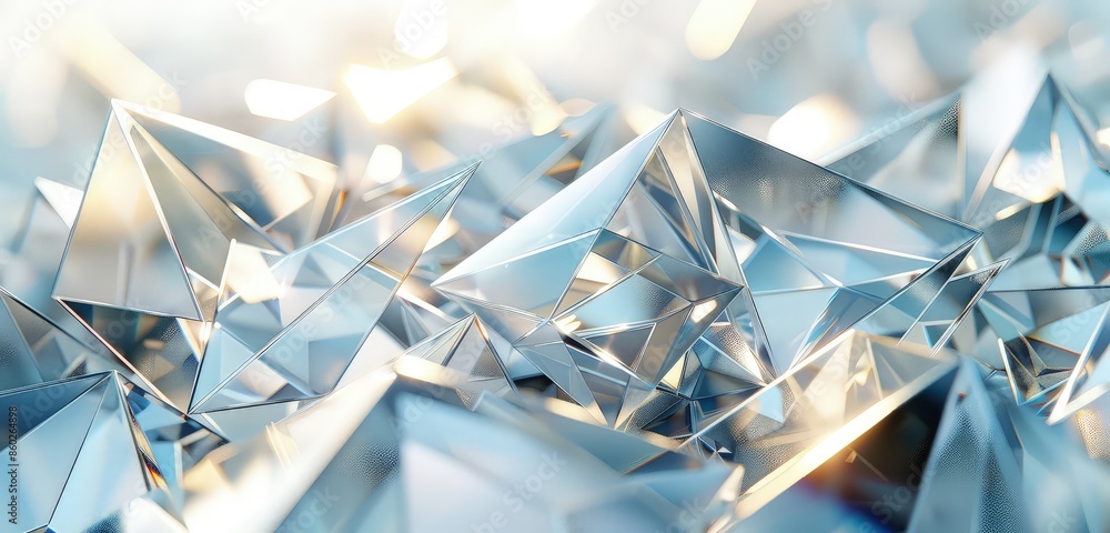Poster a high-definition 3d rendered scene of abstract bright glass geometry, showcasing intricate details 