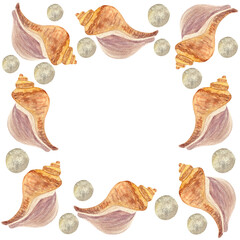 Shell and pearls watercolor frame isolated on white. High quality hand-drawn illustration for notebooks, cards, posters, restaurant menu, souvenirs, stickers, tourism ads, dishes, room design and