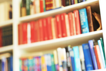 Texture, background and wallpaper with bookshelf, blurred and pattern for illustration or display. Interior design, literature and library in decor, creative and zen for backdrop for art or effect