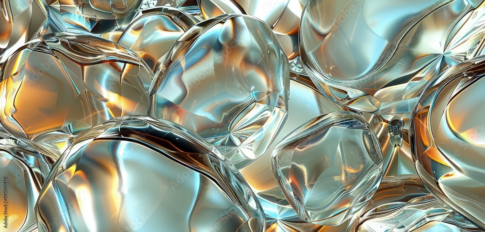 Poster a high-definition 3d rendered scene of abstract glass shapes, showcasing intricate details and vibra