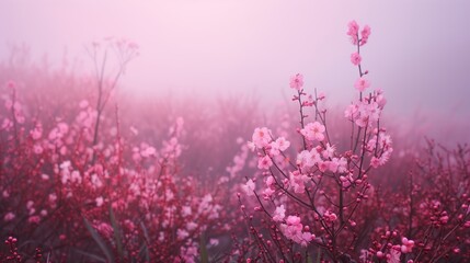 Fototapeta premium Blooming Pink Flowers Amidst Misty Atmosphere