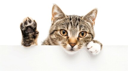 Happy cat peeks out from behind a banner and waving his paw. isolated on white background