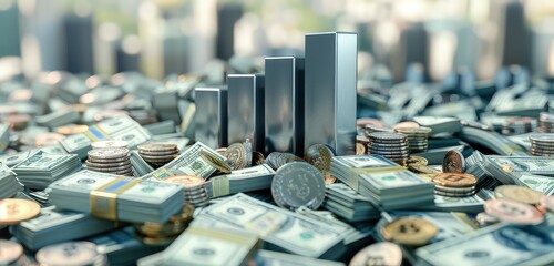A high-definition 3D rendered scene of a bar graph rising from piles of cash and coins, symbolizing successful investments and financial growth.