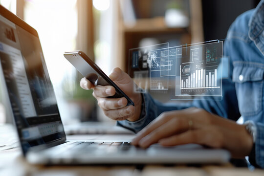 A person uses a smartphone and laptop, with data visualization appearing on the screen, highlighting the intersection of technology and business