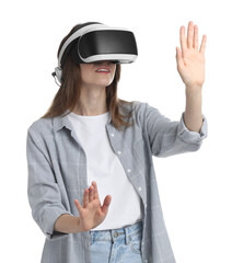 Smiling woman using virtual reality headset on white background