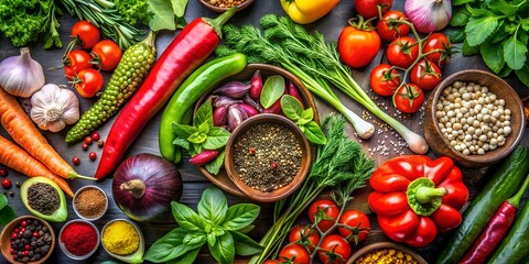 Knolling freshly picked summer vegetables, aromatic herbs and spices on an expensive light wood tabletop. The concept of healthy and tasty food. Background for menu, invitation, card, banner, flyer