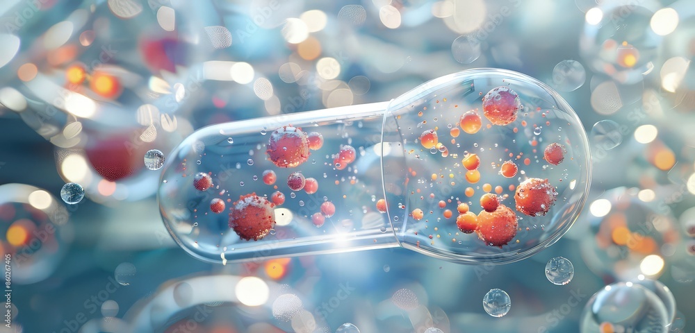 Poster a high-definition 3d rendered scene of a medical capsule and transparent cells, showcasing intricate