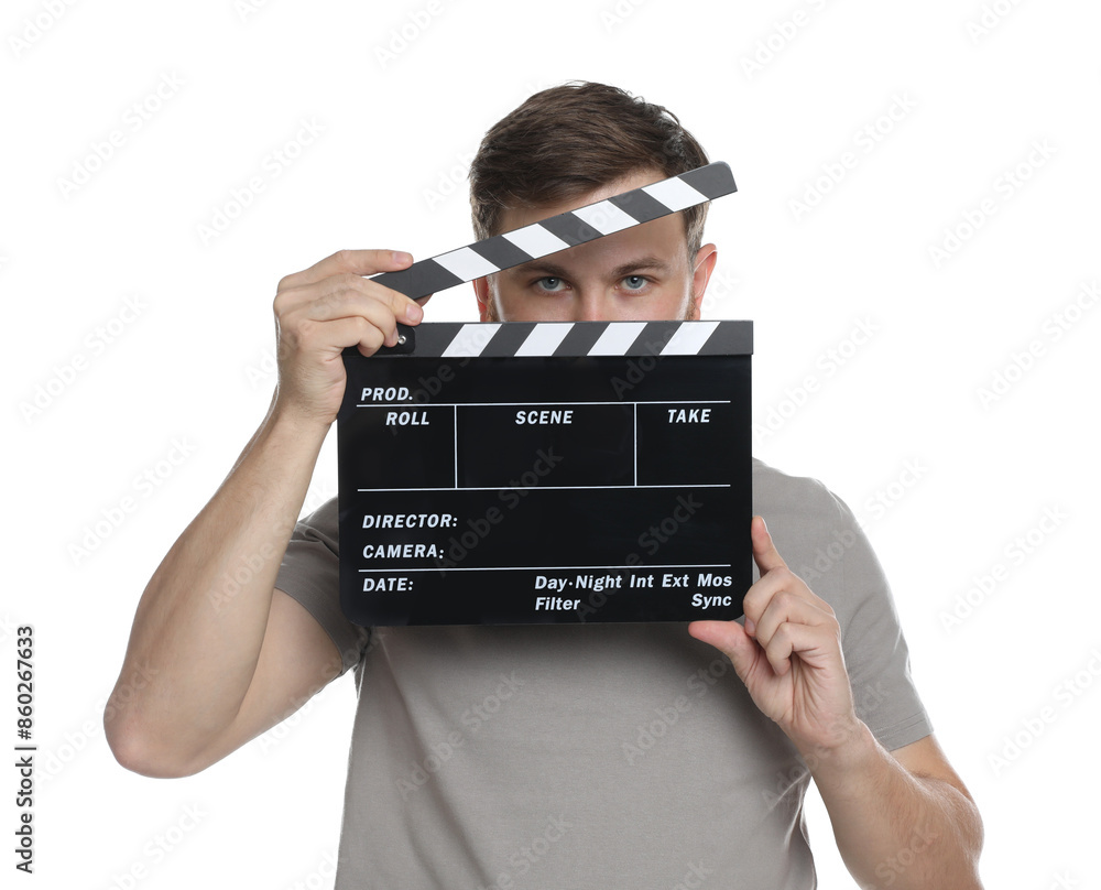 Poster Making movie. Man with clapperboard on white background