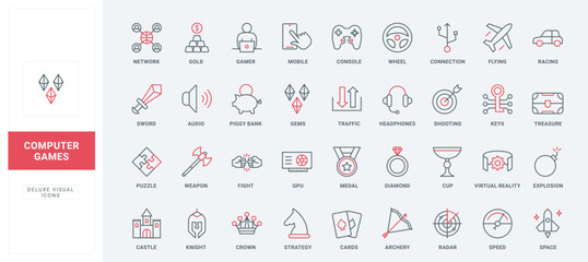 Online games for mobile phone and PC line icons set. Video games and console, professional esport tournament in fight, shooting or car race thin black and red outline symbols vector illustration © Iconic Prototype