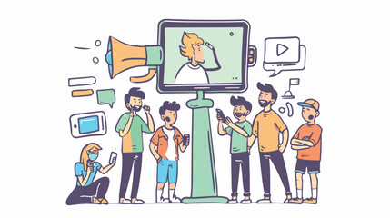 Man with Megaphone on Screen and Young People 