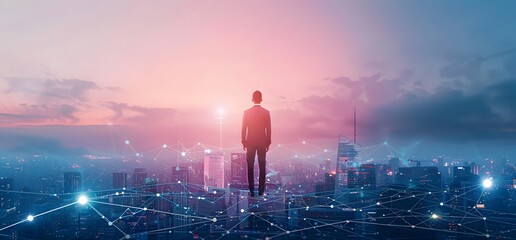 Businessman standing at office with abstract line and dot connections, overlooking a panoramic city view. Digital cityscape and technology network background for future business growth and smart city.