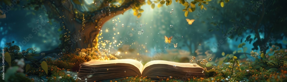 Poster enchanted book in a magical forest - a mystical scene depicting an open book glowing with magic in a