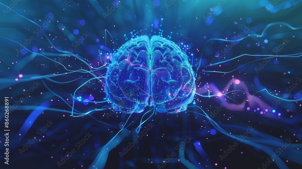 Aufkleber glowing digital brain with abstract connections - a digital rendering of a human brain, emitting a b