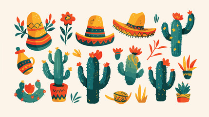 Mexico sketch cactus in sombrero hand drawn mexican