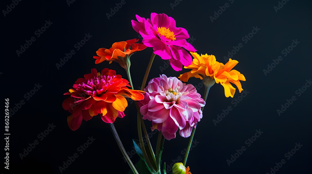 Poster colorful flowers against a black background in a studio environment : generative ai