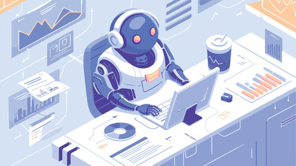 Modern robot working with analytics data pie charts 