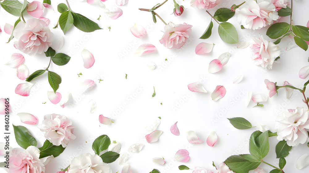 Poster frame with flowers branches leaves and petals isolated on white background flat lay overhead view : 