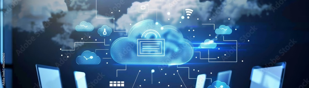 Poster cloud computing technology with digital icons - an illustration of cloud computing technology with a
