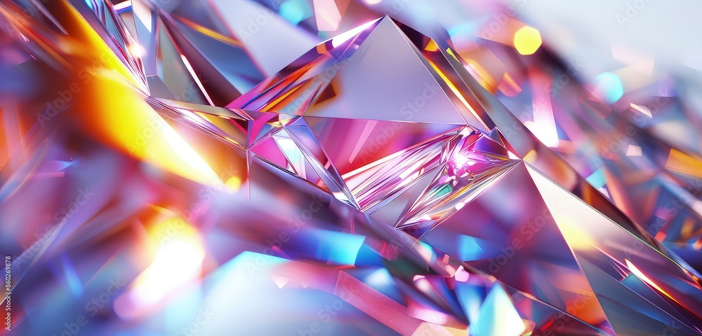 Poster a high-resolution 3d rendering of an abstract glass geometry background, showcasing bright, sharp sh