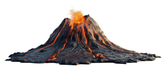Erupting volcano with lava flowing down sides, cut out