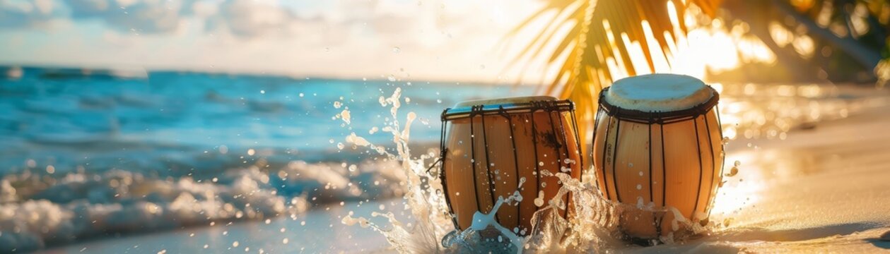 Congas on the Beach at Sunset - Two conga drums sit on a sandy beach, partially submerged in the foamy surf of the ocean, at sunset.