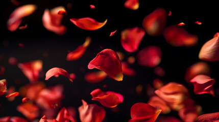Falling Down Rose Petals on dark black background photo for wedding romance love and Valentines day : Generative AI