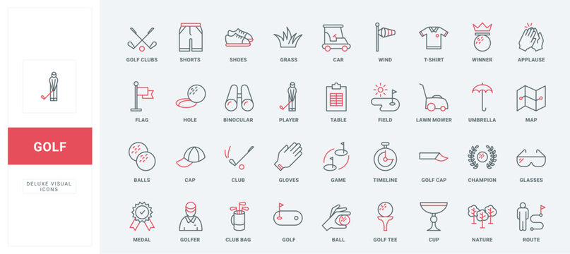 Golf equipment and professional tournament of players line icon set. Bag of clubs and ball for hole on grass field, course map and champion award thin black and red outline symbols vector illustration