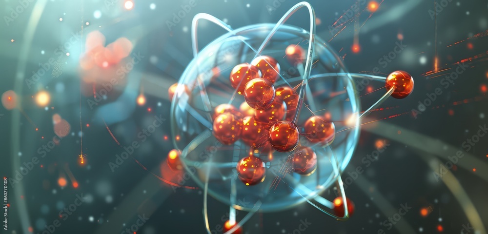 Poster a high-resolution 3d rendering of an atom, emphasizing the detailed structure of protons, neutrons, 