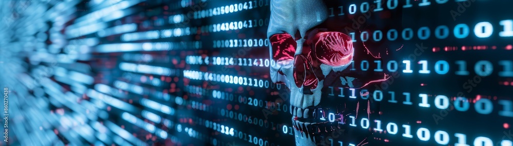 Poster cyber skull: a digital danger - a skull rendered in a digital style, with glowing red eyes, looms ov