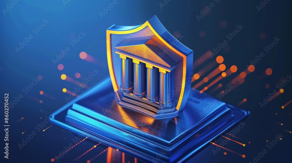 Poster cybersecurity: protecting digital assets - a 3d rendering of a bank building icon protected by a shi