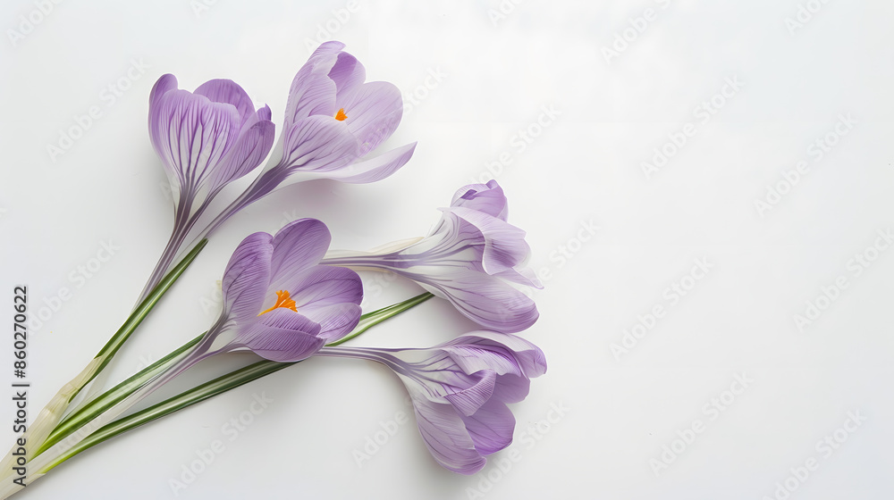 Poster Crocus spring flowers Lilac crocuses on stem with leaves creative layout isolated on white background Springtime themes Top view flat lay Design element : Generative AI