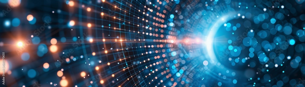 Poster abstract digital tunnel of lights and grid - a digital tunnel filled with bright orange and blue lig