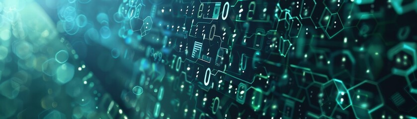 Abstract Digital Interface with Green Glow and Hexagon Shapes - A digital interface with a green glow and hexagon shapes on a dark background.
