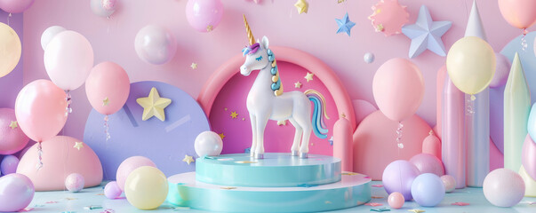 A podium with balloons in a unicorn theme, featuring pastel colors and magical elements against a whimsical birthday background