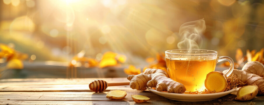 A serene tea background with a cup of ginger tea, fresh ginger root, and a honey dipper on a wooden table