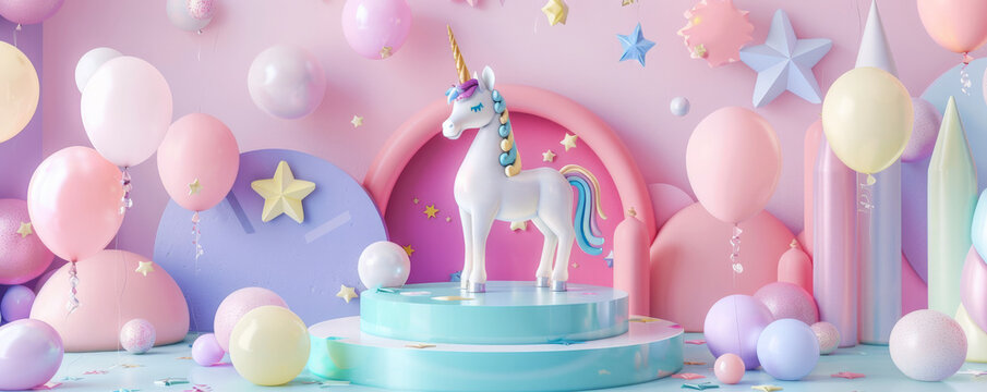 A podium with balloons in a unicorn theme, featuring pastel colors and magical elements against a whimsical birthday background