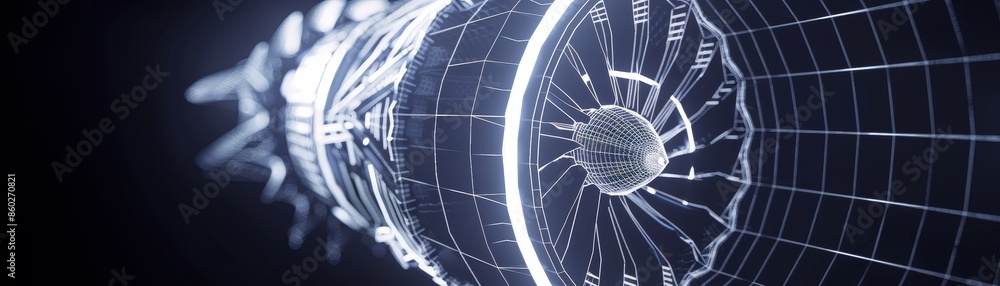 Poster wireframe view of an aircraft engine - a close-up 3d illustration of an aircraft engine turbine in a