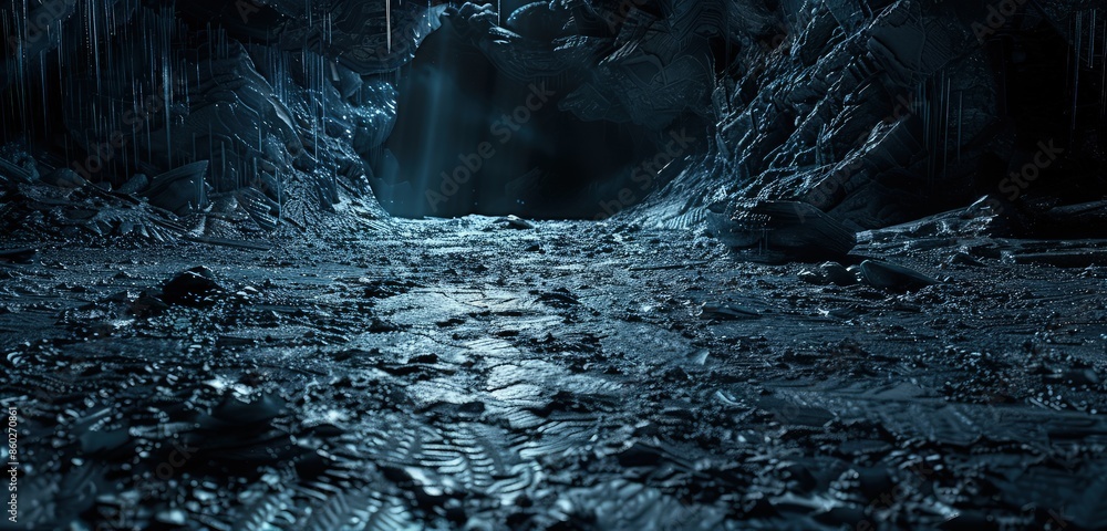 Poster a high-resolution 3d rendering of a dark scene with an icy ground, emphasizing the detailed ice patt