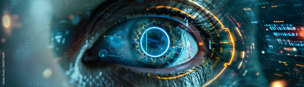 Poster close-up of a futuristic eye with digital interfaces - an eye with a digital interface overlay, a fu
