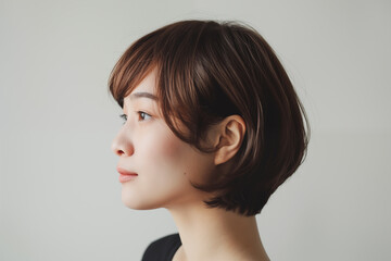 side profile of young asian woman with short brown hair in natural light