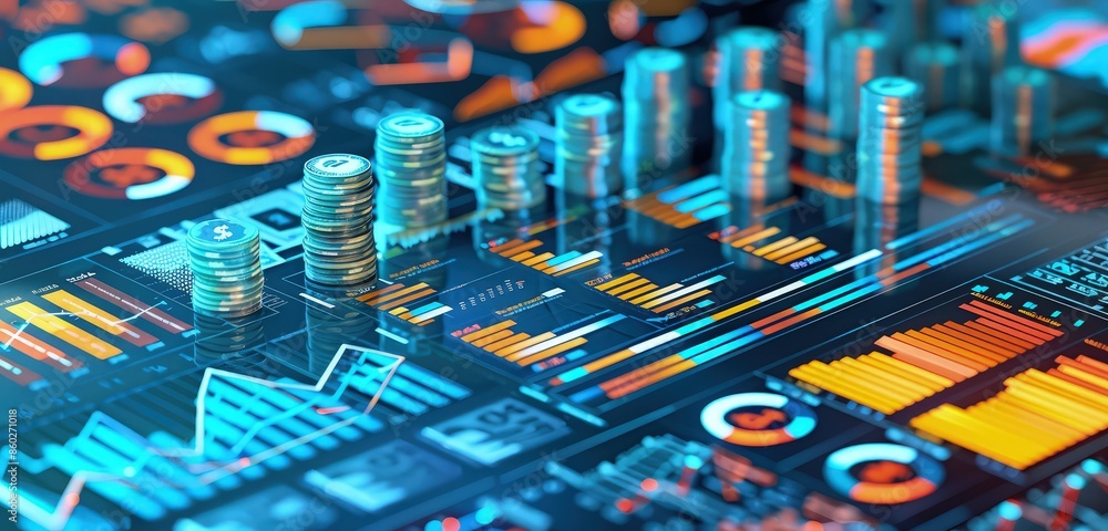 Poster a high-resolution 3d rendering of a digital financial dashboard with graphs, charts, and stacks of m