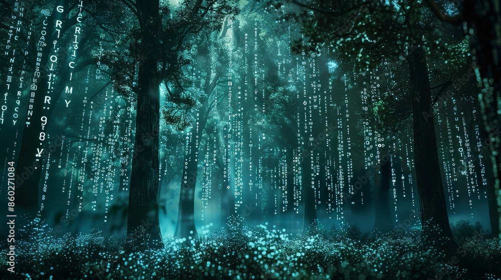 Poster digital rain in a mystical forest - a misty forest is illuminated by a digital rain of glowing code.