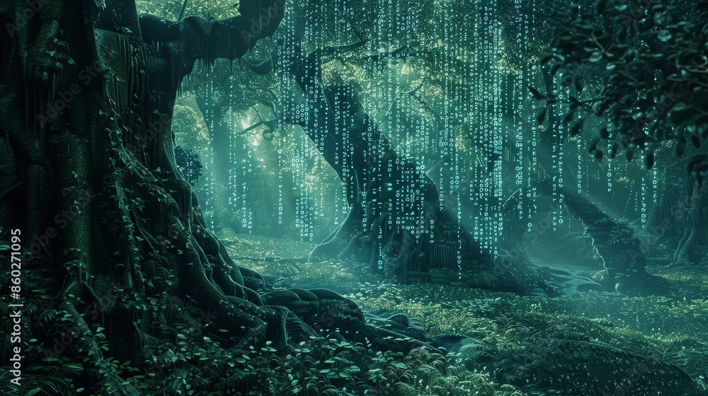Poster digital rain in a mystical forest - a surreal forest scene with glowing binary code raining down thr