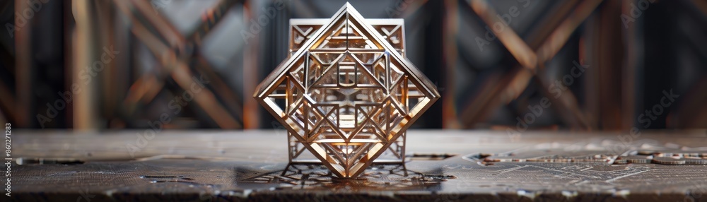 Poster golden geometric structure on a wooden surface - a detailed golden geometric structure sits on a wea