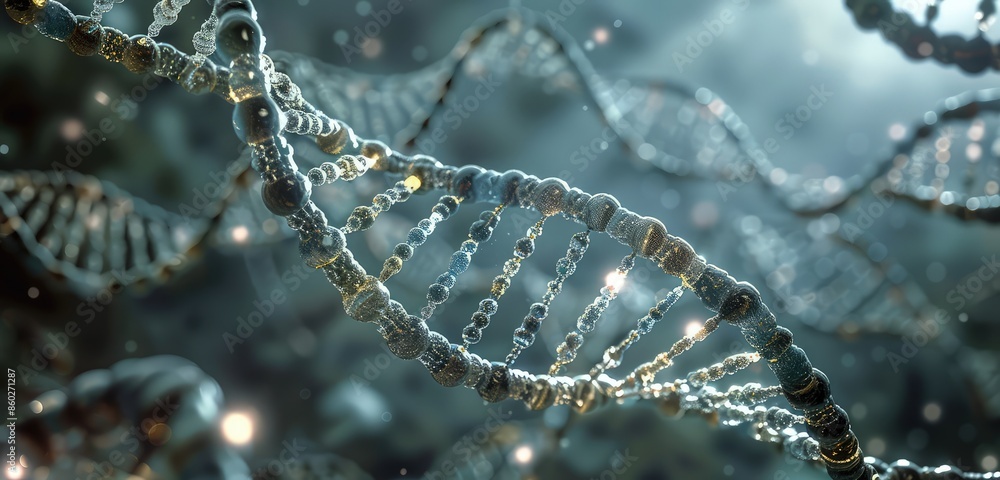 Poster a high-resolution 3d rendering of a dna molecule, emphasizing the nucleotide pairs and the helix's s
